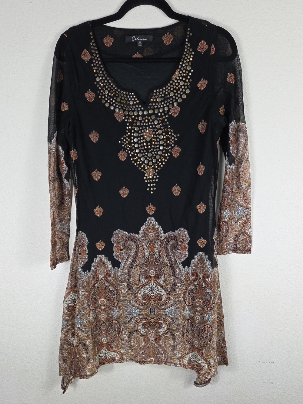 Calessa Sheer Sleeve Studded Paisley Floral Print Dress Size Medium